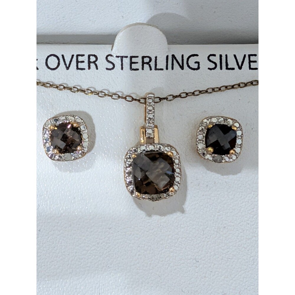 18K Gold Sterling Silver Genuine Smokey Quartz Diamond Necklace Earrings Set VT